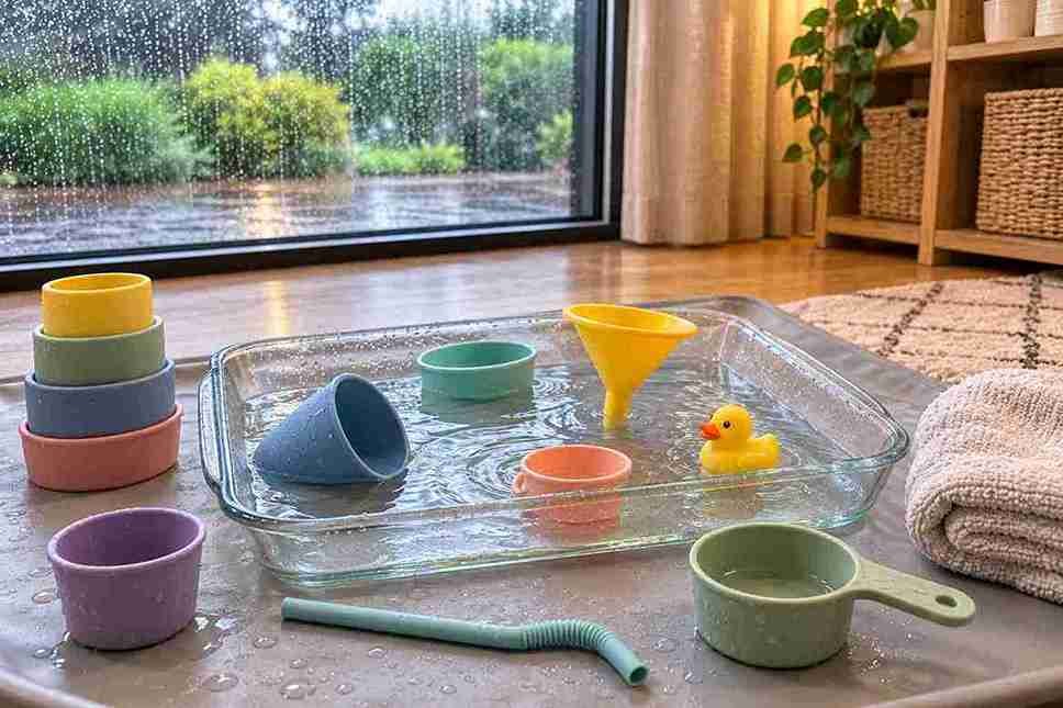 Rainy day water play activity for babies with a shallow sensory tray, stacking cups, and bath toys beside a rain-covered window.