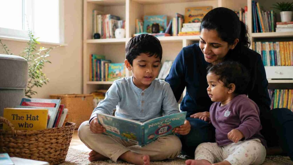 Mother reading with two young children in a cozy home library surrounded by colorful books, promoting early literacy and a love of reading.