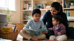 Mother reading with two young children in a cozy home library surrounded by colorful books, promoting early literacy and a love of reading.