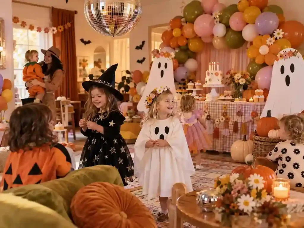 Retro ghost Halloween birthday party with flower-crowned ghosts, disco ball, warm 1970s colors, pumpkins, balloons, and children in playful costumes.