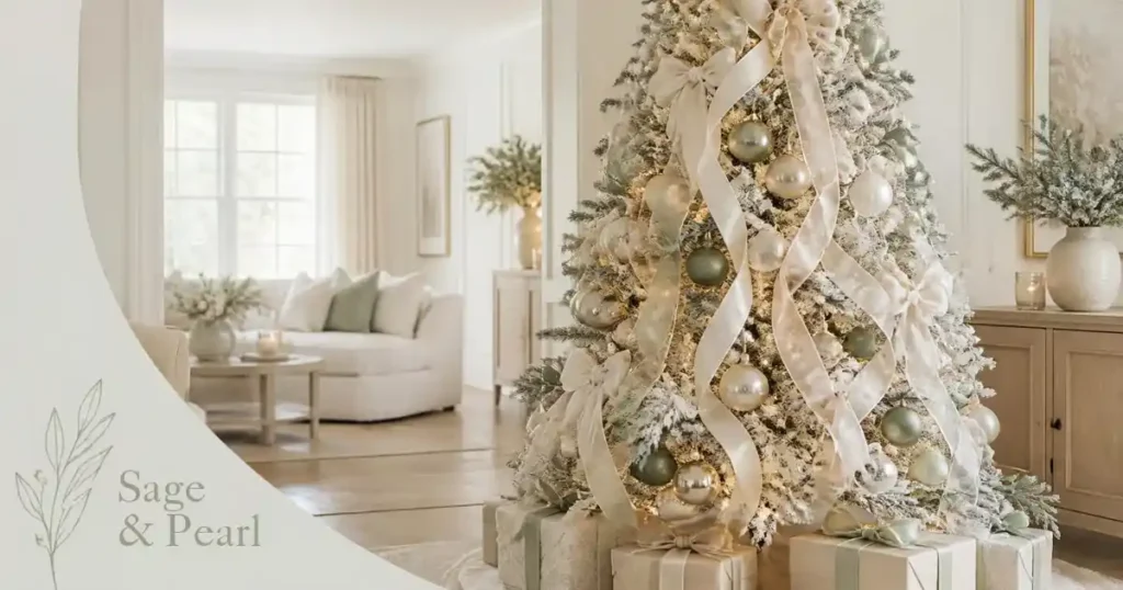 Sage and pearl Christmas tree with champagne ornaments, ivory bows, layered ribbon, and warm white lights