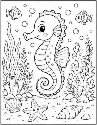 Cute seahorse coloring page featuring a smiling seahorse swimming underwater with coral reefs, seaweed, bubbles, seashells, starfish, and ocean scenery.