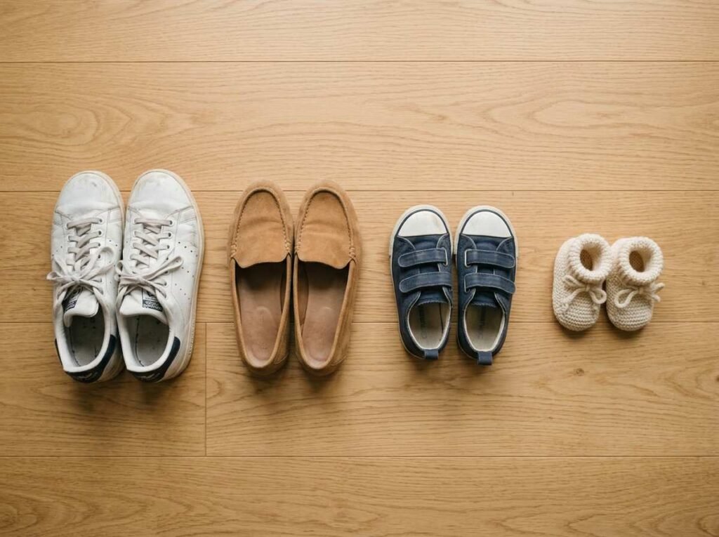 Overhead flat lay of four pairs of shoes including tiny newborn booties at the end on a wooden floor for a second baby announcement