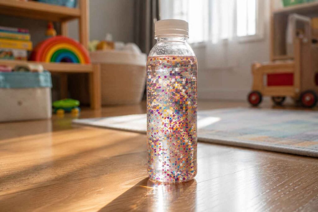 Colorful confetti sensory bottle with floating paper shapes in water