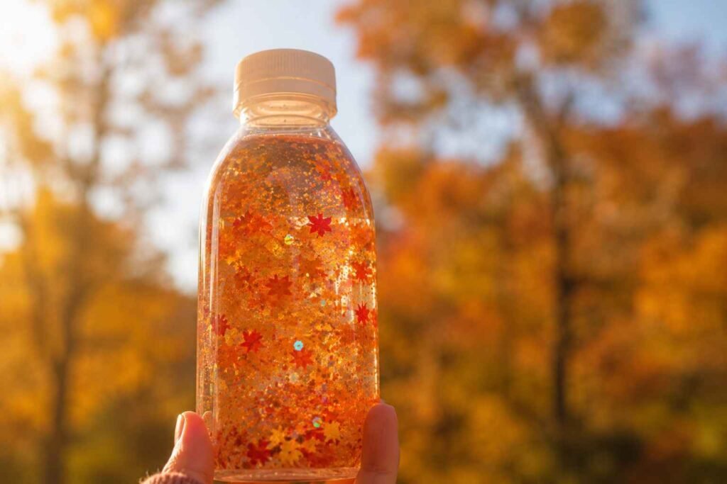 Fall-themed sensory bottle with orange, red, and yellow autumn pieces