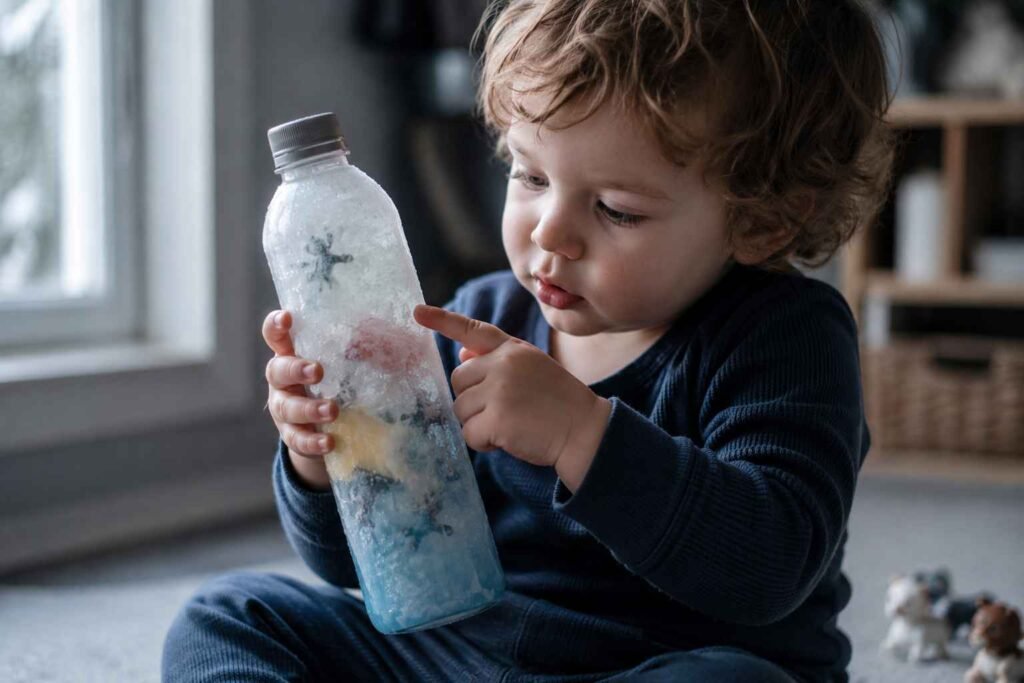 Toddler examining a frozen sensory bottle with curious fingers pressed to the ice