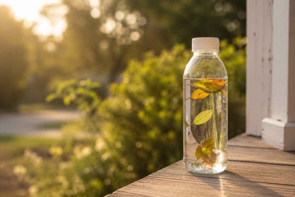 Nature themed sensory bottle with small leaves floating in water
