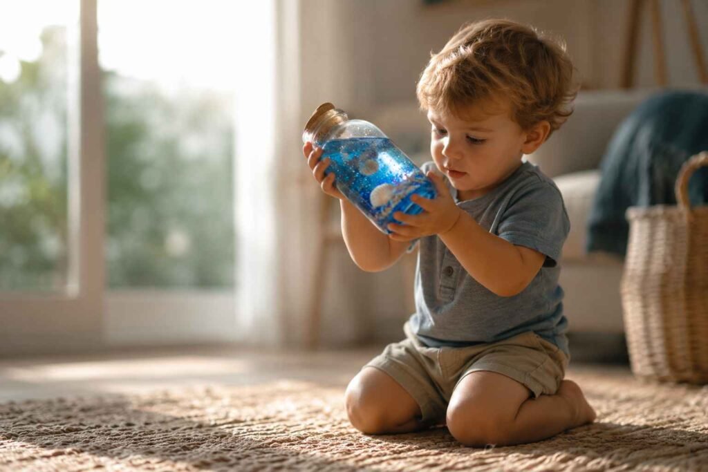 Toddler shaking an ocean-themed sensory bottle to watch the shells move