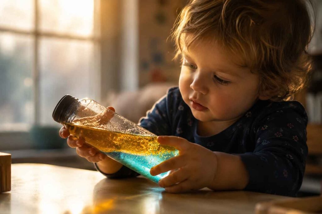 Toddler tilting an oil and water sensory bottle to watch the layers separate