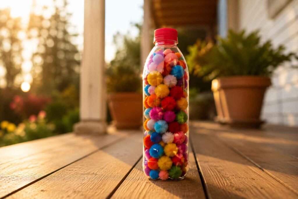 Pom pom sensory bottle with colorful soft balls for color sorting play