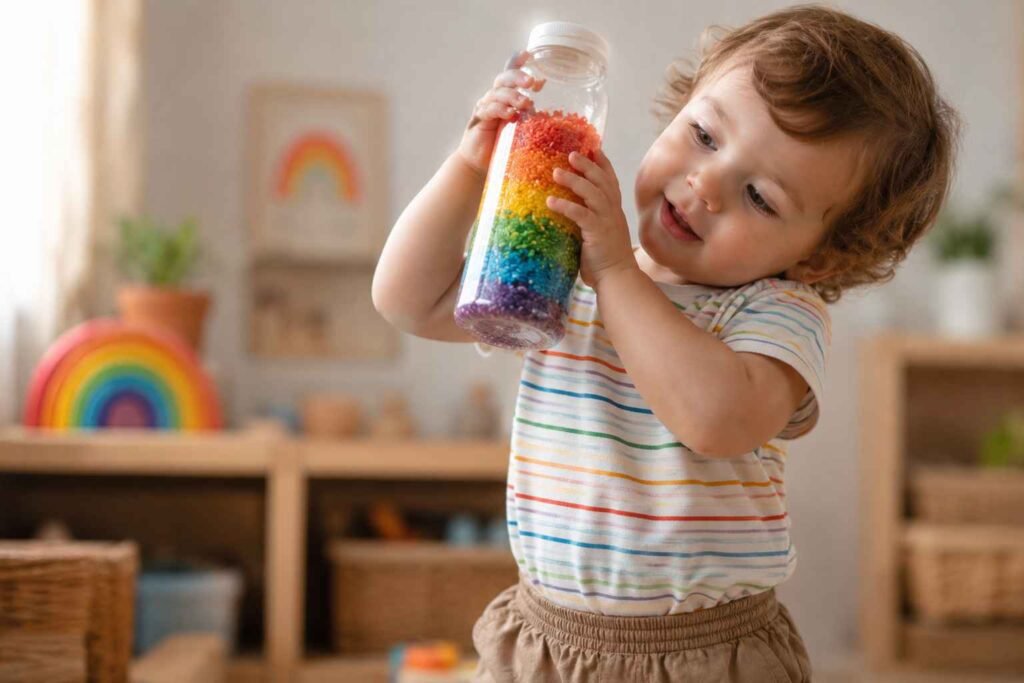 Toddler shaking a rainbow rice sensory bottle and listening to the sound