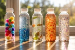 a sensory bottle held close, looking overstimulated by busy glitter movement for infants
