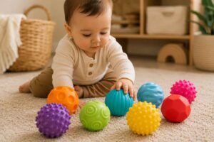 Infant exploring textured sensory toys for infants on a play mat