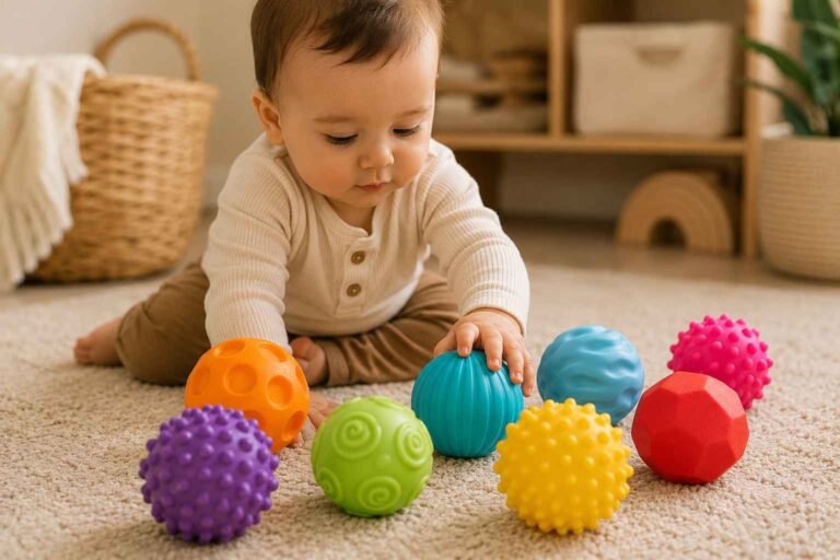 Infant exploring textured sensory toys for infants on a play mat