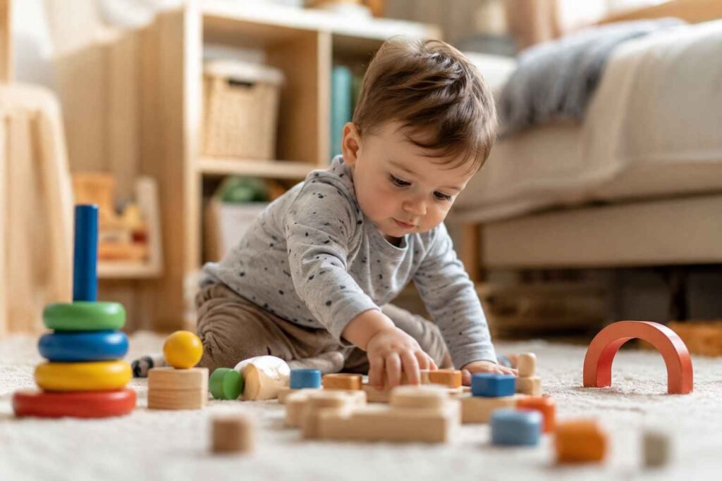 Toddler exploring sensory toys for toddlers with textured blocks on a play mat