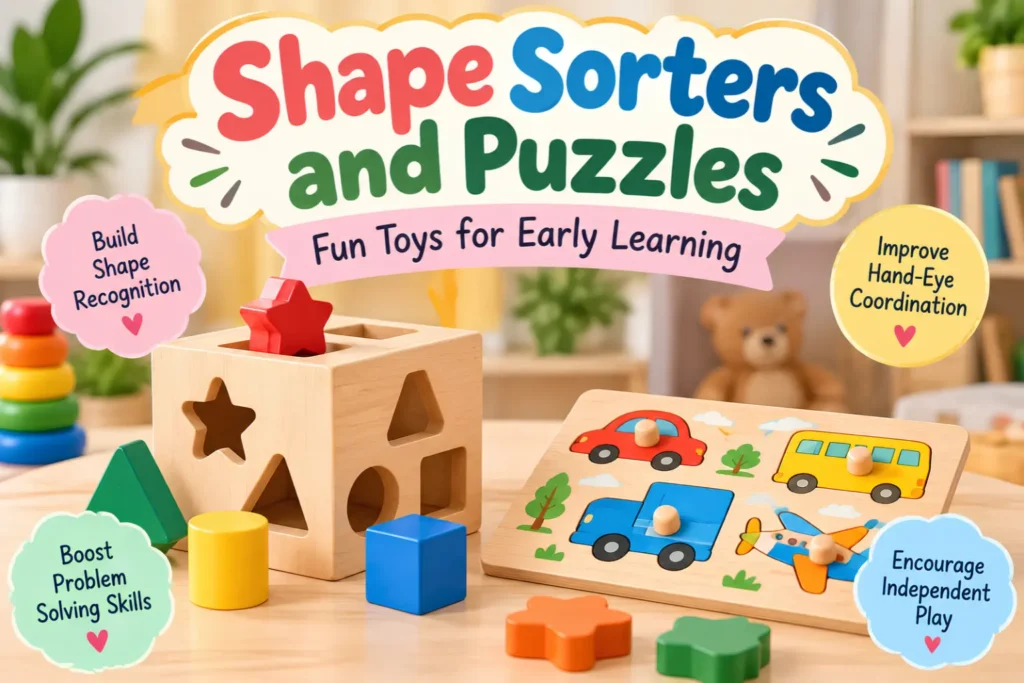 Shape sorters and puzzles wooden toys for toddlers showing colorful pieces that support hand-eye coordination and problem-solving, cribkind.com