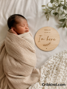 Minimal newborn baby announcement photo setup at home