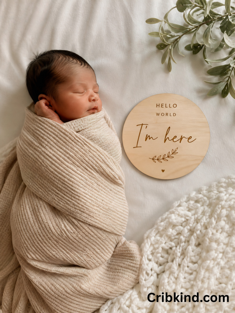 Minimal newborn baby announcement photo setup at home