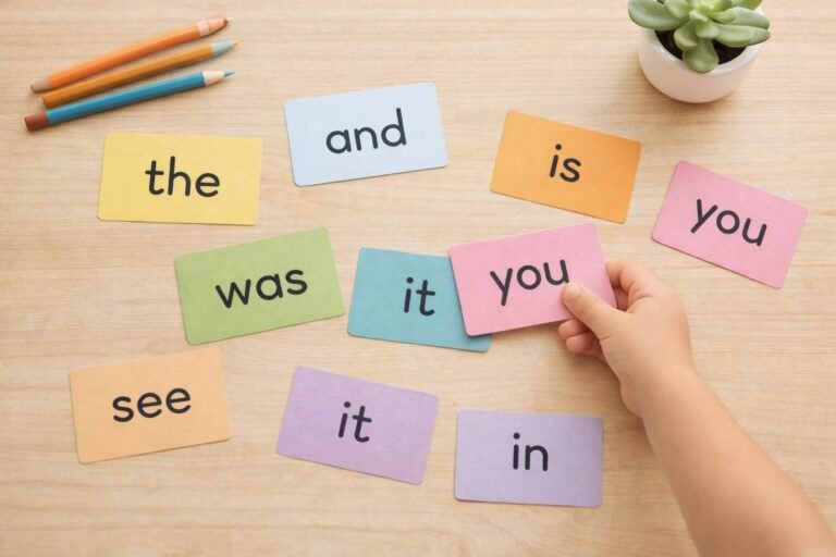 Colorful sight words flash cards spread on a wooden table with a child's hand picking one up