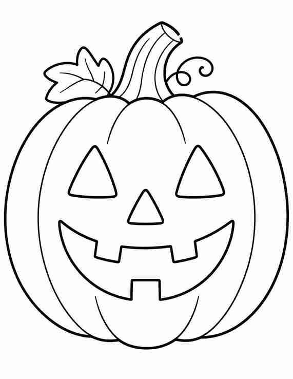 Simple pumpkin Halloween coloring page with a classic smiling jack-o'-lantern, triangle eyes, triangle nose, and bold outlines for toddlers and preschoolers.