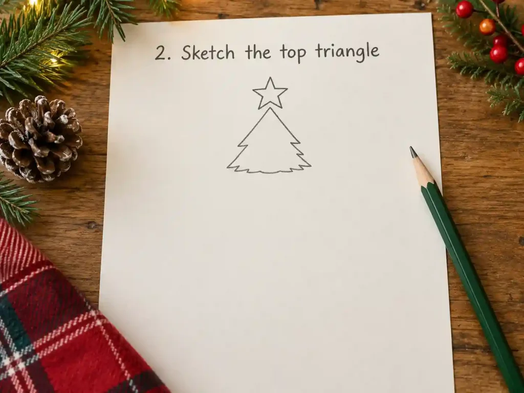 Christmas tree drawing step showing a small star above a loose zigzag-edged top triangle