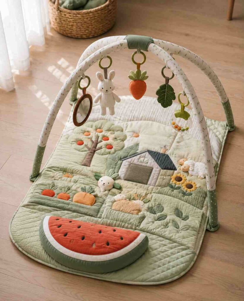 Skip Hop Farmstand Grow and Play folding baby play gym with fabric arch watermelon tummy time wedge and hanging farm toys on light wood floor