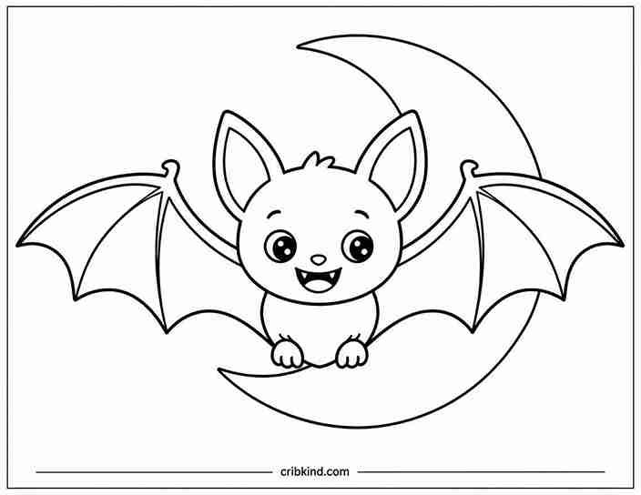 Smiling bat Halloween coloring page featuring a cute cartoon bat with wide spread wings, a happy face, and a crescent moon background in a printable black-and-white design for toddlers and preschoolers.