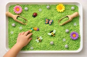 Spring sensory bin preschoolers green dyed rice plastic bugs flowers scoops fine motor garden play