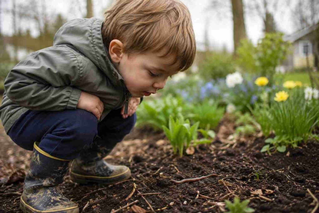 A toddler crouching in a garden examining a worm on the ground with intense curiosity in spring