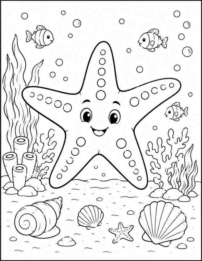 Adorable starfish coloring page featuring a smiling starfish surrounded by seashells, coral reefs, fish, bubbles, and underwater ocean scenery.