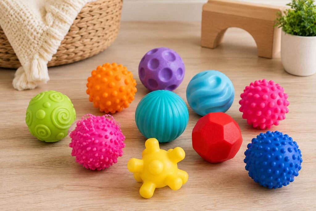 Set of colorful textured sensory balls for babies and toddlers, featuring different sizes, patterns, and tactile surfaces for sensory exploration and fine motor skill development.