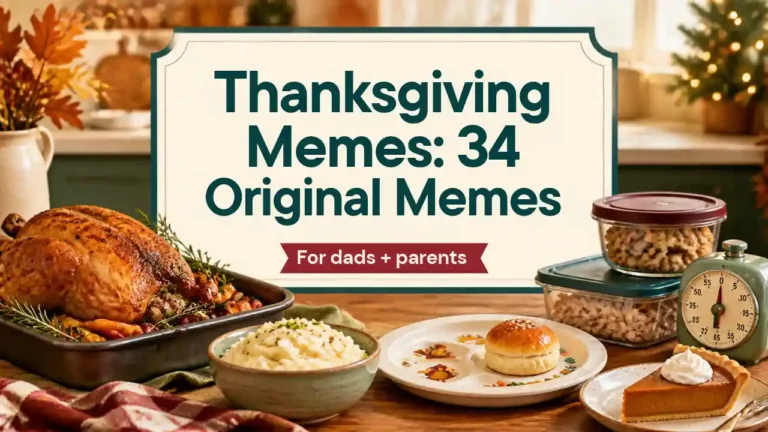 Thanksgiving memes banner with turkey, pie, mashed potatoes, leftovers and family dinner details