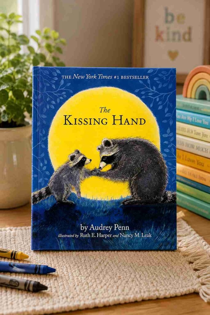 The Kissing Hand book cover by Audrey Penn featuring a raccoon mother comforting her child before school