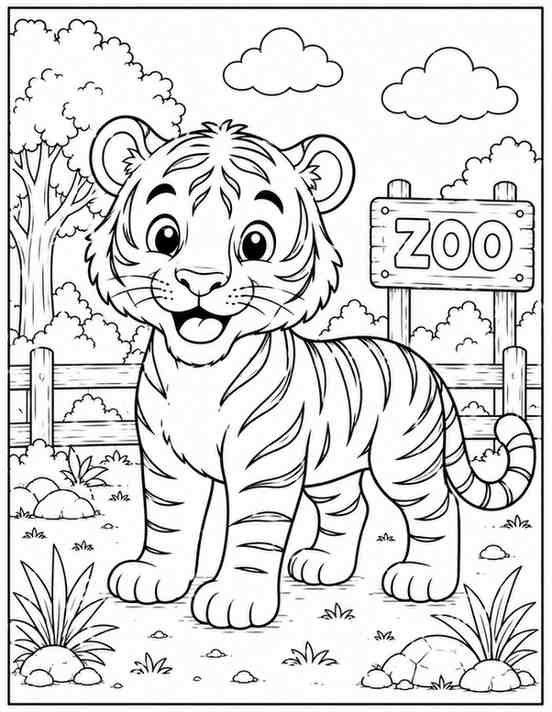 Cute tiger coloring page printable featuring a smiling tiger with bold stripe outlines and a zoo background.