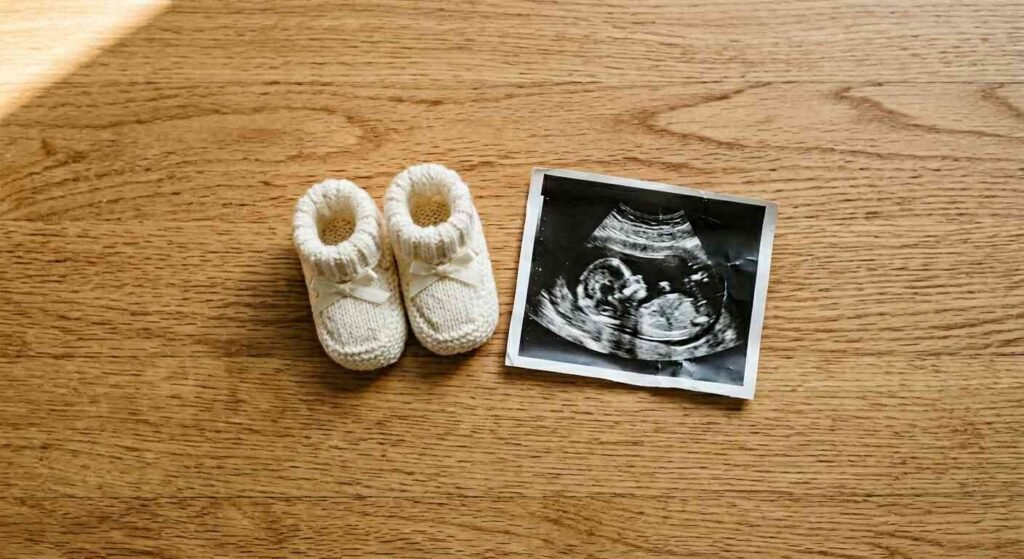 Baby Announcement Ideas Overhead flat lay of tiny newborn baby shoes next to a sonogram ultrasound photo on a wooden floor
