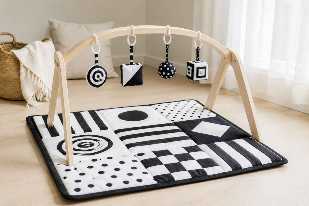 Tiny Love black and white developmental gymini play mat with wooden arch and high contrast hanging toys on light wood floor