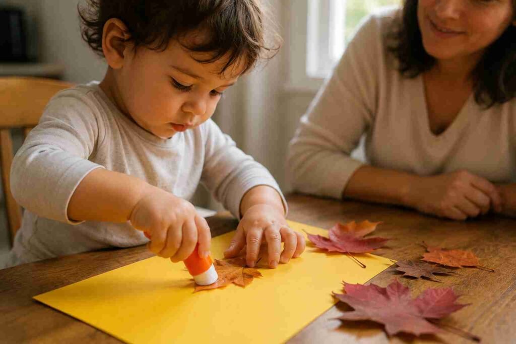 A toddler sticking autumn leaves onto yellow paper for a fall leaf collage