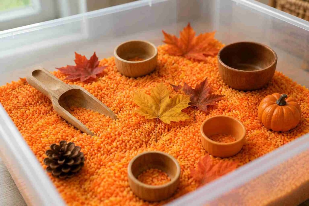 A toddler scooping coloured rice in a fall sensory bin for toddlers