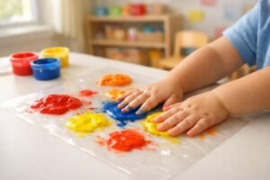 toddler finger painting on contact paper suncatcher craft ages 1-3 easy daycare activity