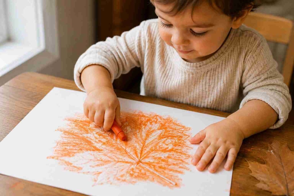 A toddler doing fall leaf rubbing with an orange crayon over an autumn maple leaf