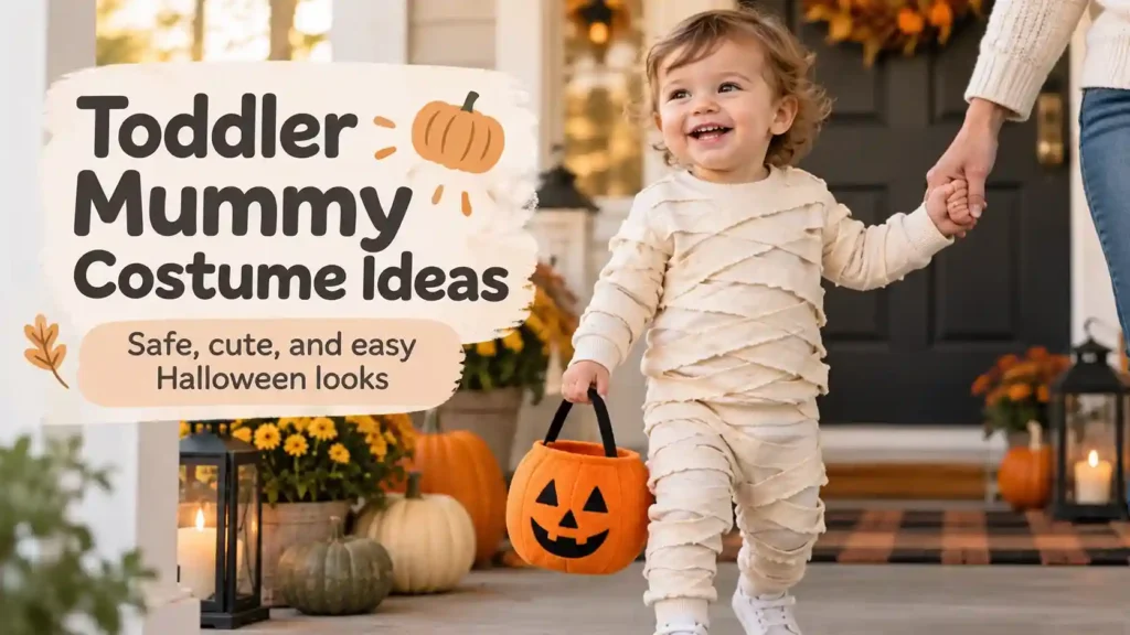 Smiling toddler wearing a safe cream mummy costume with secured fabric strips, holding a pumpkin trick-or-treat bucket on a decorated Halloween porch.