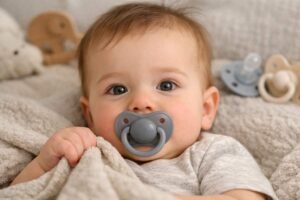 Toddler showing open bite from pacifier use front teeth not fully closing. 