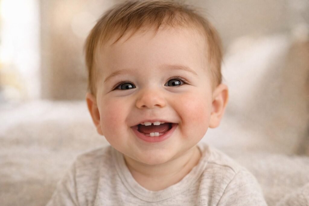 Toddler with open bite from pacifier use showing gap between front teeth 