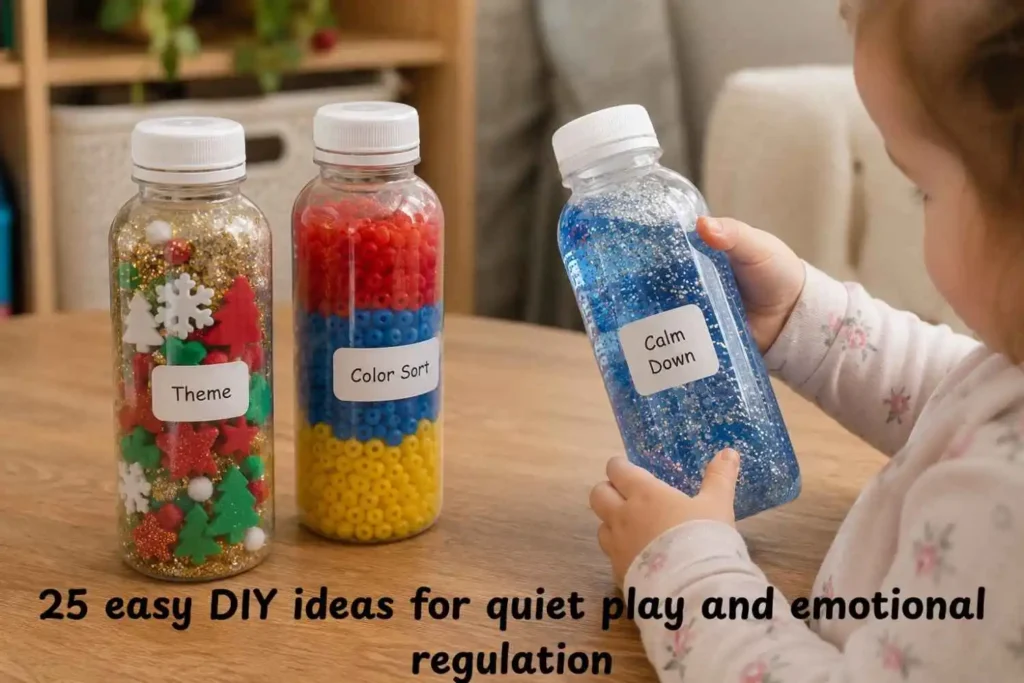  three clear plastic sensory bottles on a wooden table labeled “Theme,” “Color Sort,” and “Calm Down,” filled with colorful beads, foam shapes, and glitter for toddler sensory play, emotional regulation, and color‑sorting activities.