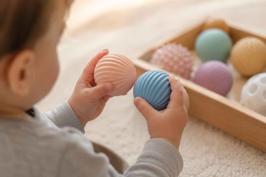Toddler hands gripping textured sensory balls in different colors