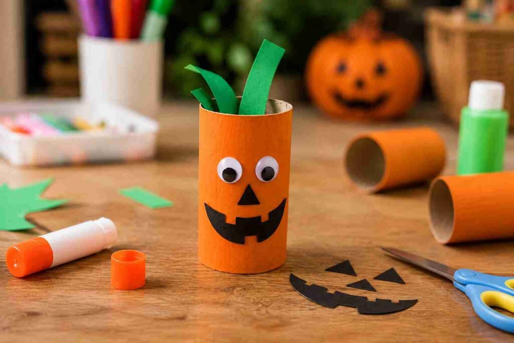 Orange toilet paper roll pumpkin craft with a green paper stem and jack-o'-lantern face on a wooden craft table for an easy recycled Halloween activity.