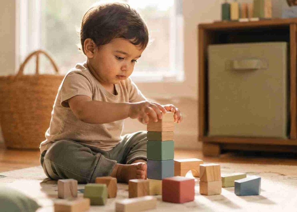 A toddler focused and playing with a single set of blocks with only a few toys visible
