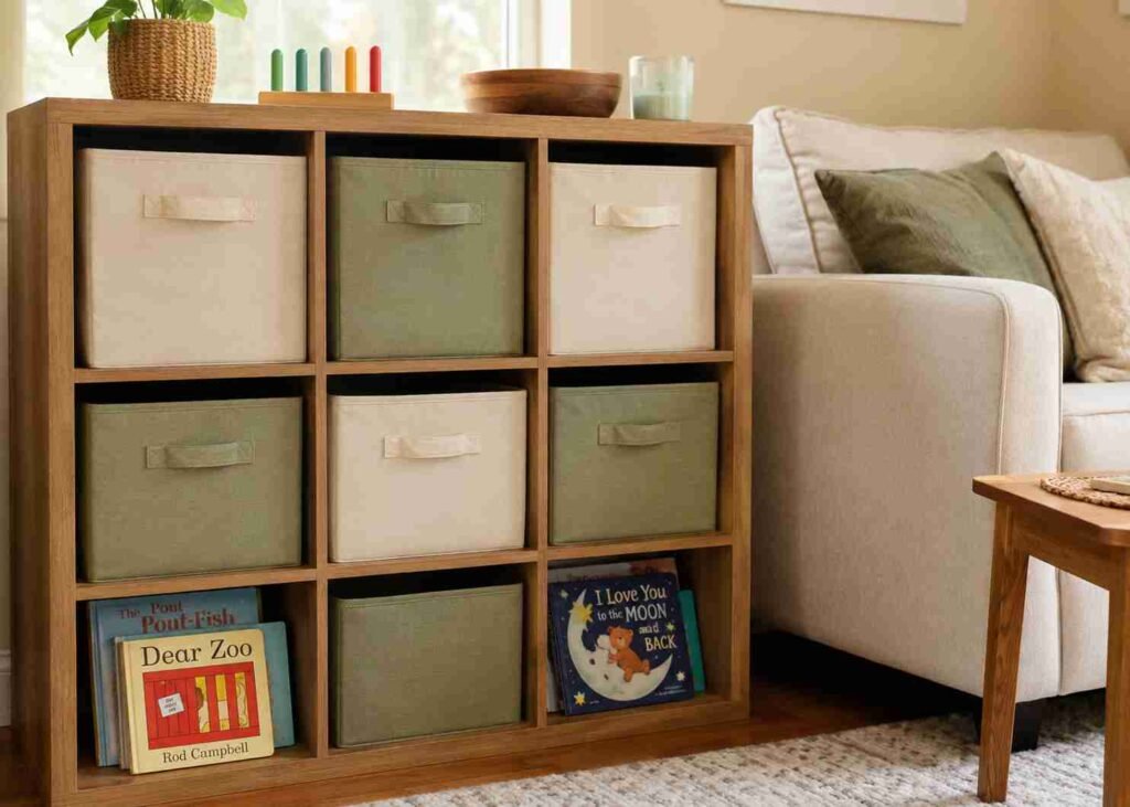 A tidy living room with low cube organizer bins holding colorful toddler toys