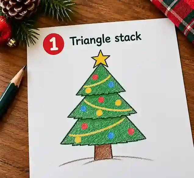 Easy Christmas tree drawing made from three stacked green triangles with ornaments, garland, a star, and brown trunk