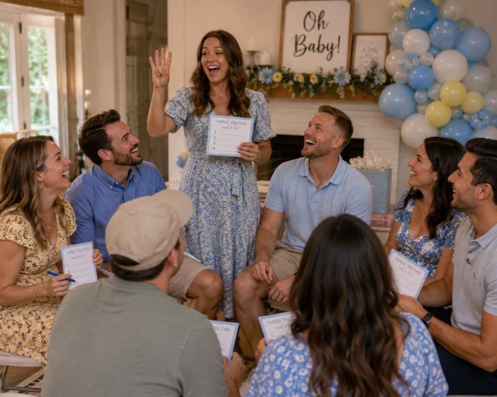 Guest playing Two Truths and a Baby Lie at a coed baby shower icebreaker game